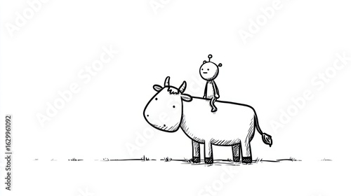 Simple cartoon drawing of a small alien riding a large cow