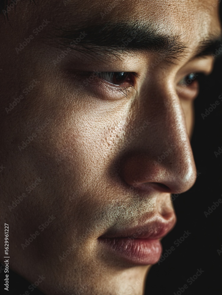 Obraz premium Close-up portrait of a young Asian businessman with a pensive expression, standing against a solid black background with soft rim lighting outlining his facial features.