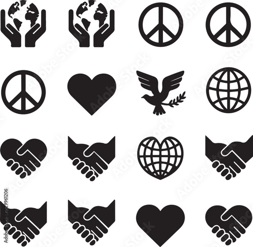Peace and Unity Icons Set Global Love, Diversity, Harmony, and Hand Symbols
