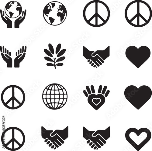 Peace and Unity Icons Set Global Love, Diversity, Harmony, and Hand Symbols

