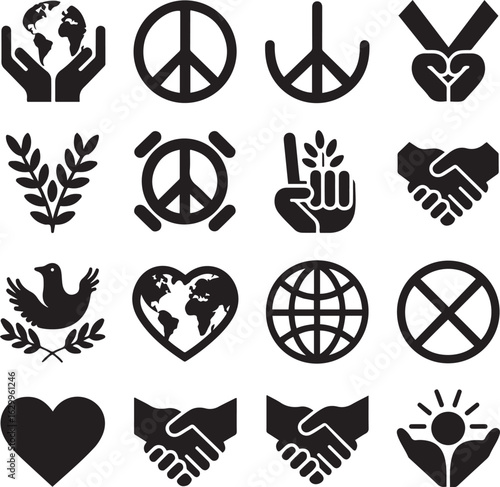 Peace and Unity Icons Set Global Love, Diversity, Harmony, and Hand Symbols
