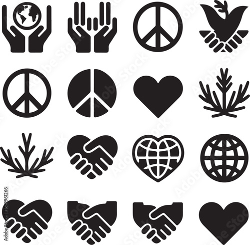 Peace and Unity Icons Set Global Love, Diversity, Harmony, and Hand Symbols
