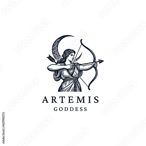 Elegant engraving-style illustration of Artemis, the Greek goddess of the hunt, wilderness, and moon