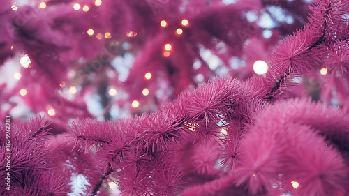 Pink Christmas tree branches with warm lights.
