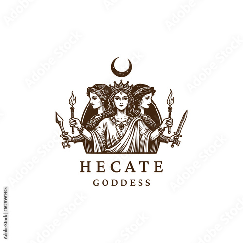 engraving style logo of Hecate, the ancient Greek goddess of magic, witchcraft, and crossroads