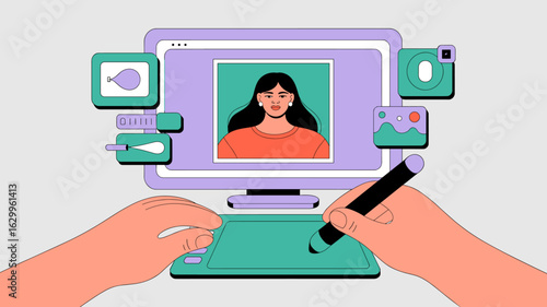 graphic designer retouching a portrait on a computer with a stylus pen vector illustration