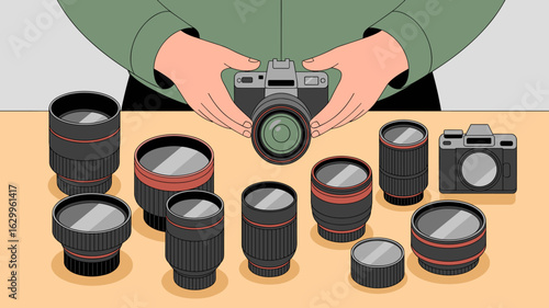photographer's hands choosing from a collection of camera lenses on a table vector illustration 