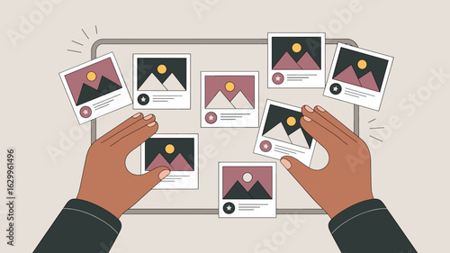 photographer's hands curating a photo portfolio on a tablet vector illustration