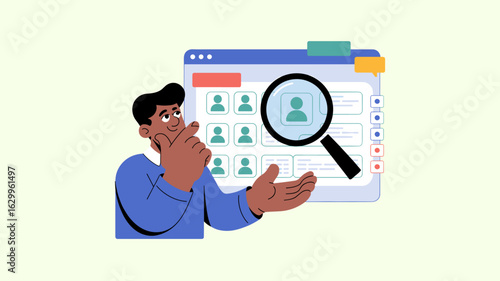 manager searching a candidate database with magnifying glass vector illustration 