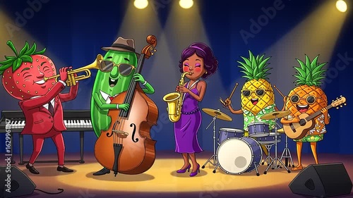 Colorful cartoon fruit band performing lively jazz music on stage with vibrant background lights