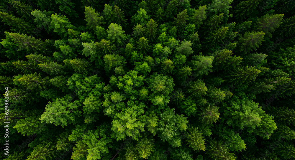 Naklejka premium Aerial View of a Lush Evergreen Forest