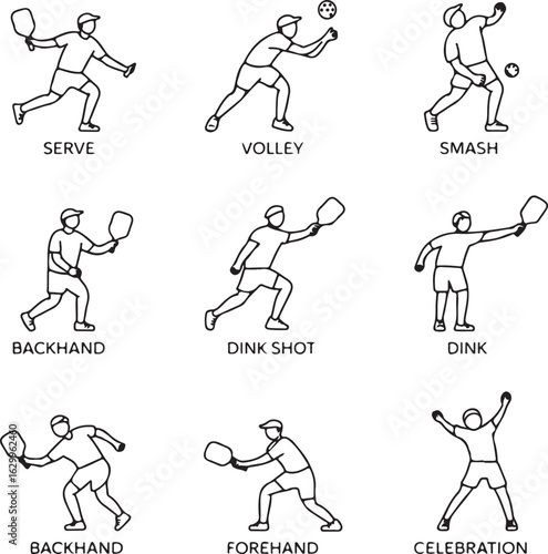  Pickleball Player Action Line Art Icon Pack Serve, Volley, Smash, Dink, Backhand, Forehand, and Celebration Pose.