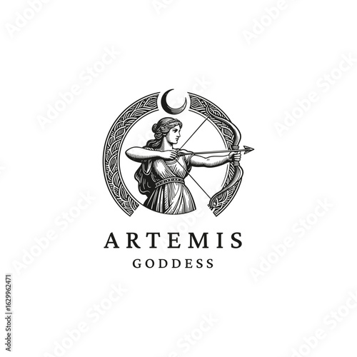 Elegant engraving-style illustration of Artemis, the Greek goddess of the hunt, wilderness, and moon