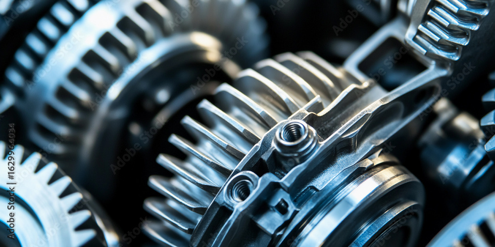 Fototapeta premium Dynamic close-up of intricate metal gears in motion Generative AI