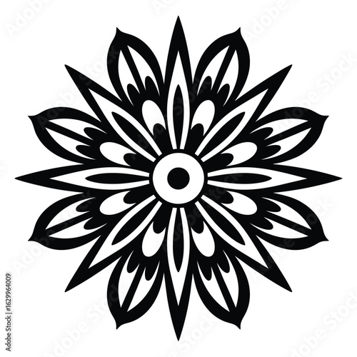 Intricate black and white floral mandala design with repeating petal patterns
