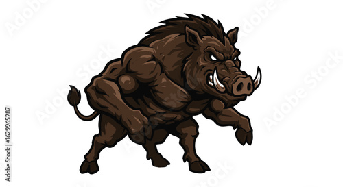 Cartoon illustration of a powerful wild boar with muscular physique, fierce expression, and aggressive stance.