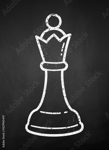 Vector illustration of a chalk-drawn chess queen. Isolated object on blackboard background.