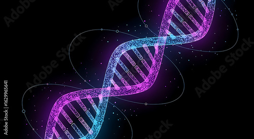 A vibrant, abstract representation of a DNA double helix, composed of glowing particles.