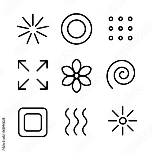 Abstract Expansion Icons. Outline icon set of expansion abstract: radial lines, growing circles, spreading dots, expanding squares