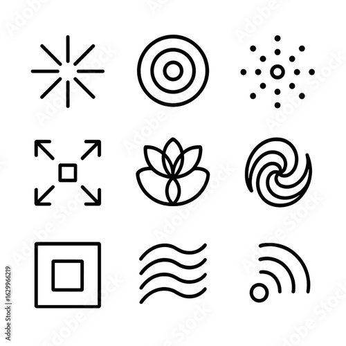 Abstract Expansion Icons. Outline icon set of expansion abstract: radial lines, growing circles, spreading dots, expanding squares