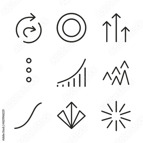 Abstract Iconography Grid. Outline icon set of elevate abstract: spiraling arrows, expanding circles, rising lines, lifting dots,