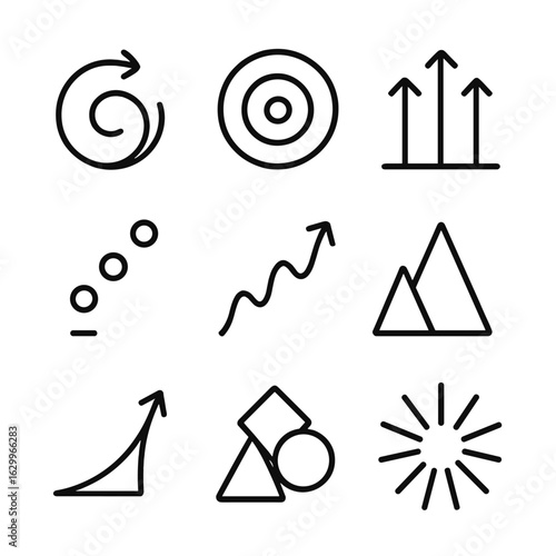 Abstract Iconography Grid. Outline icon set of elevate abstract: spiraling arrows, expanding circles, rising lines, lifting dots,