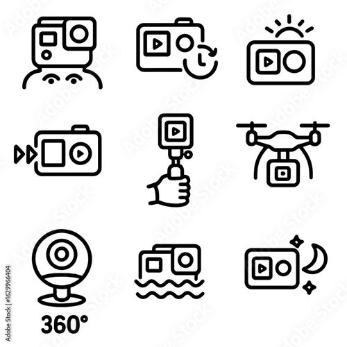 Action Cam Icon Set. Outline icon set of action cam footage types: POV shot, slow motion clip, time lapse video, hyperlapse,
