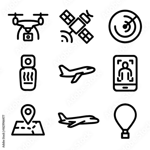 Aerial Surveillance Icons. Outline icon set of aerial surveillance: drone, satellite, radar, infrared scanner, UAV, thermal