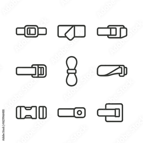 Adjustable Straps Icons. Outline icon set of adjustable straps: sliding buckle, velcro strap, cam buckle, ratchet strap, elastic