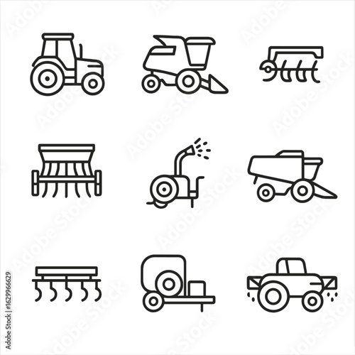 Agricultural Machine Icons. Outline icon set of agricultural machines: tractor, harvester, plow, seed drill, irrigation pump,