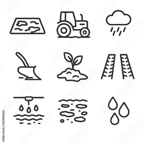 Agricultural Mud Icon Set. Outline icon set of mud in agriculture: muddy field, tractor, rain, plow, mud-covered plant, mud tracks