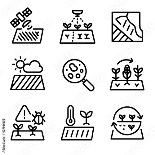 Agriculture Icon Grid. Outline icon set of satellite view for agriculture: crop monitoring, irrigation zones, field boundaries,