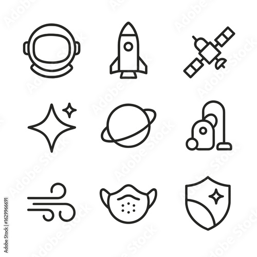 Air and Space Icons. Outline icon set of air and space purification: astronaut helmet, rocket, satellite, clean star, planet,