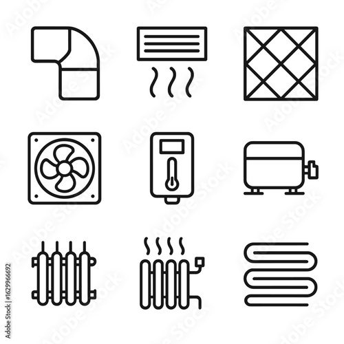 Air Conditioning Icons. Outline icon set of air conditioning and ventilation: duct, vent, air filter, exhaust fan, thermostat,