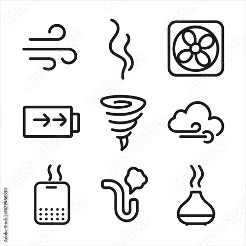 Airflow Icon Set. Outline icon set of airflow and gas flow: wind gust, smoke trail, fan blades, ventilation duct, tornado swirl,