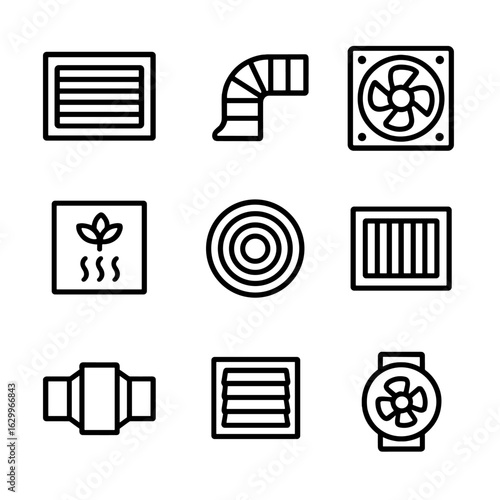 Air Ventilation Icons. Outline icon set of air conditioning ventilation: air vent, duct, exhaust fan, fresh air intake, air