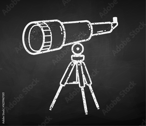 Vector illustration of a chalk-drawn telescope on tripod. Isolated object on blackboard background.