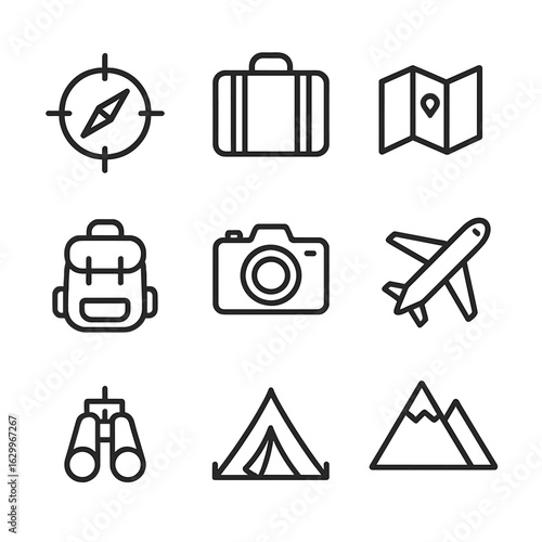 Adventure Icons Set. Outline icon set of good vibes travel and adventure: compass, suitcase, map, airplane, camera, binoculars,