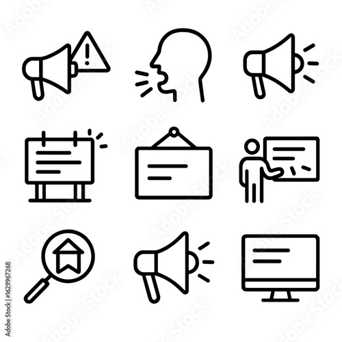 Advertising Icon Set. Outline icon set of roar in advertising: attention grabber, commercial, shout, promo, loudspeaker, billboard