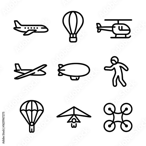 Aerial Transport Icons. Outline icon set of aerial transport: airplane, hot air balloon, helicopter, glider, blimp, skydiver,