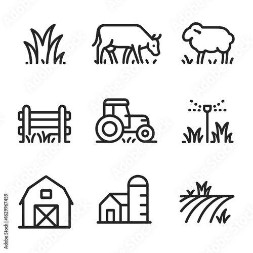 Agriculture Icon Set. Outline icon set of grass in agriculture and farming: pasture, cow grazing, sheep, fence, tractor,