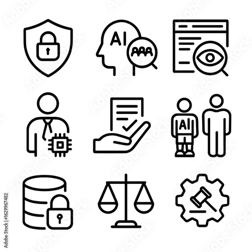 AI Ethics Icon Set. Outline icon set of AI ethics: privacy shield, bias detection, transparency, accountability, consent, human