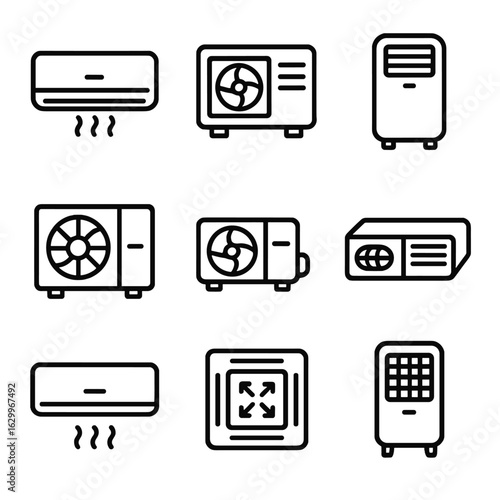 Air Conditioner Icons. Outline icon set of air conditioning units: split AC, window AC, portable AC, central AC, ductless AC,