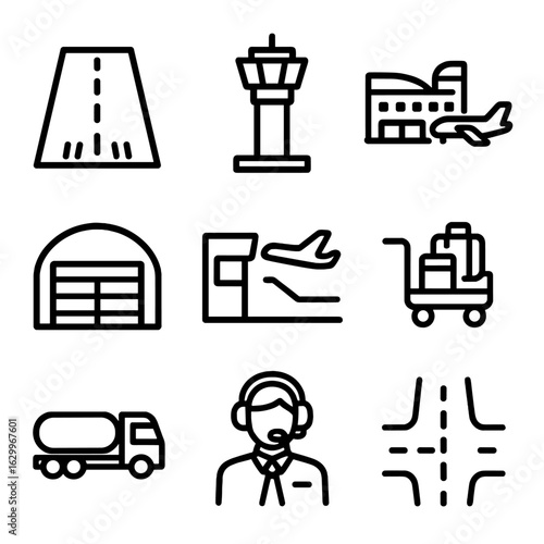 Airport Elements Icons. Outline icon set of flight log airport elements: runway, control tower, terminal building, hangar,