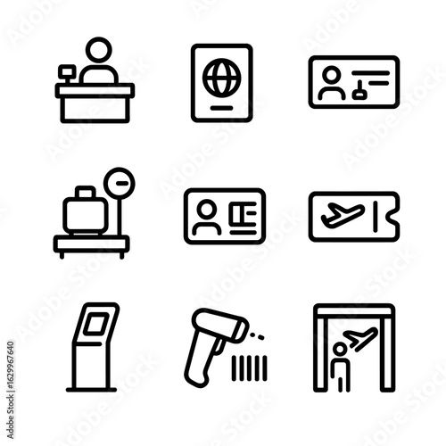 Airport Check-In Icons. Outline icon set of airport check-in: check-in counter, passport, boarding pass, luggage scale, ID