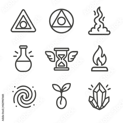Alchemy Icon Collection. Outline icon set of resurrection in alchemy: philosopher’s stone, transmutation circle, rising smoke,