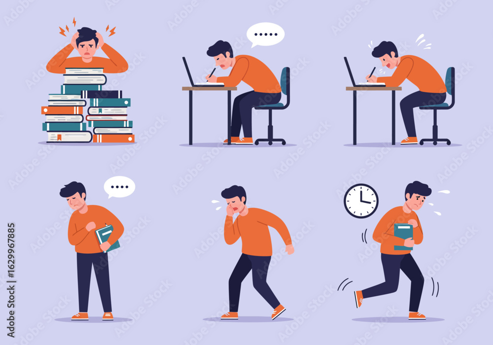 Naklejka premium A stressed student struggles with studying, showing various signs of anxiety and pressure.