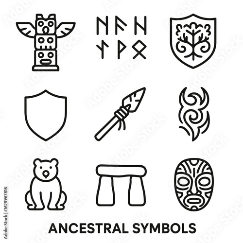 Ancestral Icon Set. Outline icon set of ancestral symbols: totem pole, ancient runes, family crest, shield, ancestral weapon,
