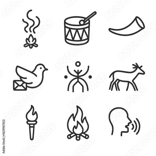 Ancestral Communication Icons. Outline icon set of ancestral communication: smoke signals, drum, horn, messenger bird, carved