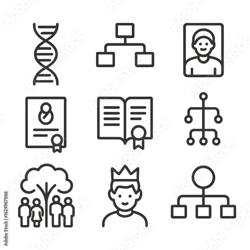 Ancestral Lineage Icons. Outline icon set of ancestral lineage: DNA strand, family tree branch, old photograph, birth certificate,